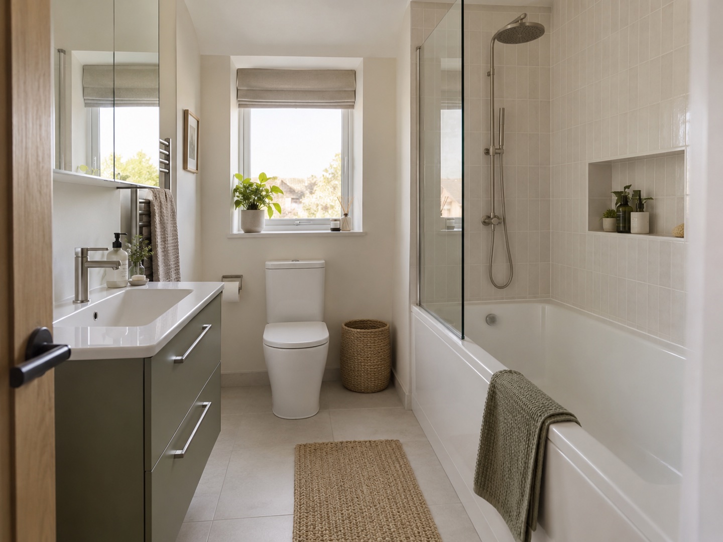 Fitted bath with olive vanity and recessed shower niche